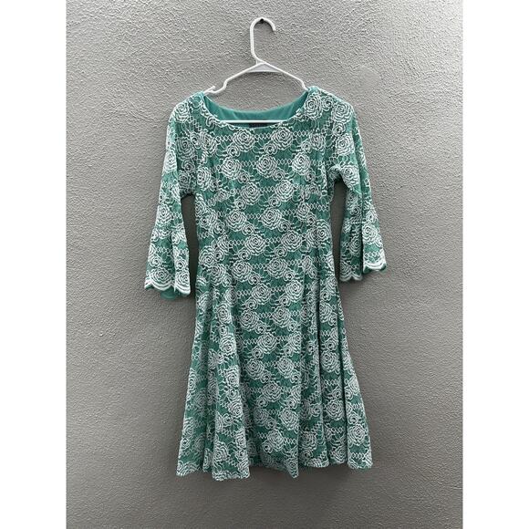 Rabbit Rabbit Rabbit Designs Womens Dress Size 4 Teal White Lace 3/4 Bell Sleeve - Picture 1 of 11